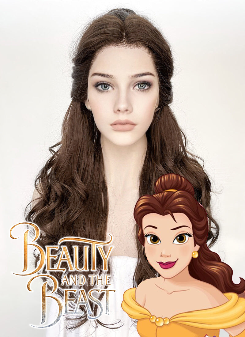 Disney Beauty and the Beast Belle Long Wavy Dark Brown Braided Lace Front Synthetic Hair Wig LF2028