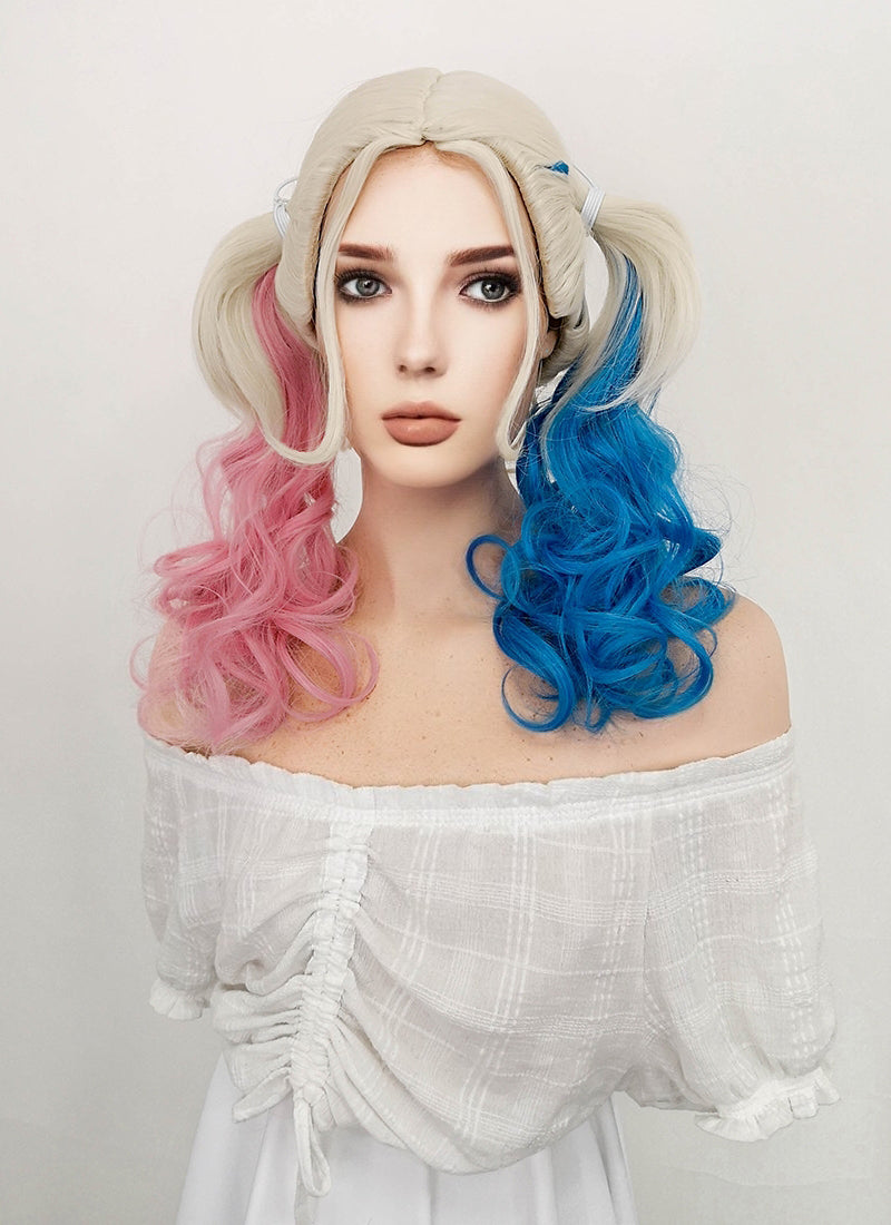 Harley Quinn Wig, Light Blond Ponytail Wig with blue and pink, pig tail wig, adjustable, suicide squad, cheapest cosplay, heat safe, white, curly