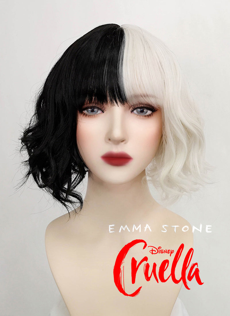 Disney Cruella Short Wavy Black Blonde Split Gemini Color Bob