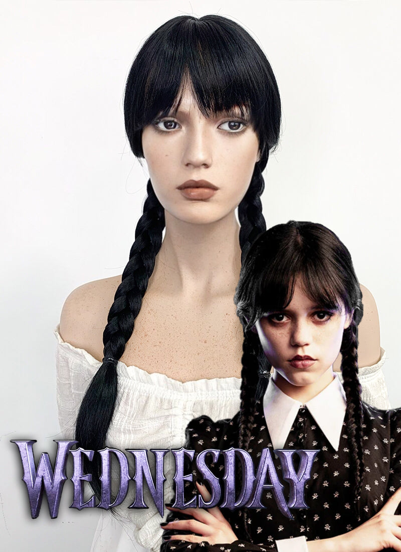 Wednesday Addams Long Straight Jet Black Braided Cosplay Wig