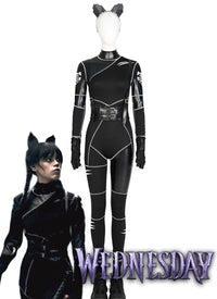 The Addams Family Wednesday Addams Leather Jumpsuit Cosplay Costume Outfit Full Set CS800