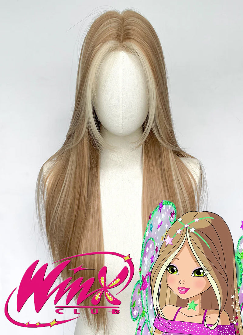 Winx Club Flora Long Straight Brown Mixed Blonde Highlights Money Piece Cosplay Wig NL081A