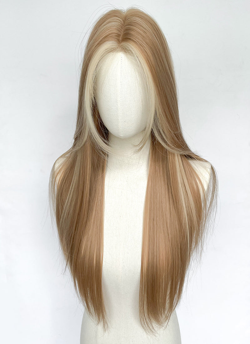 Long Straight Brown Mixed Blonde Highlights Money Piece Synthetic Wig NL081