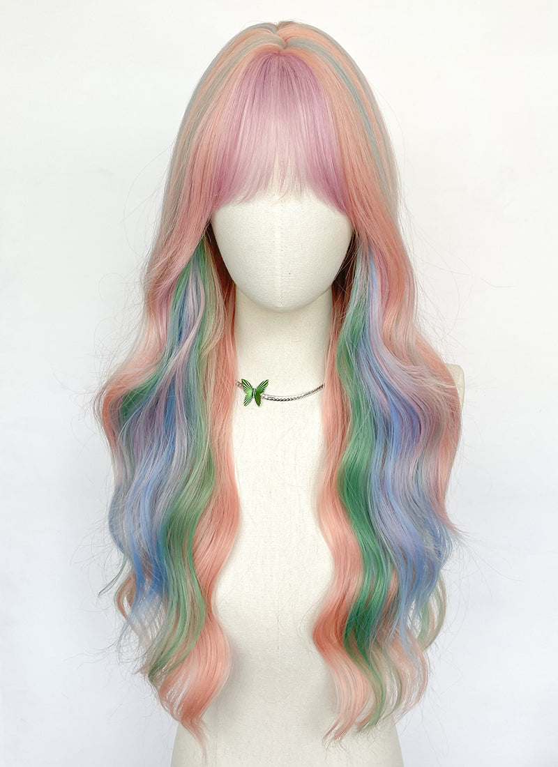 My Little Pony Princess Celestia Long Wavy Pink Rainbow Color Cosplay Wig NS550