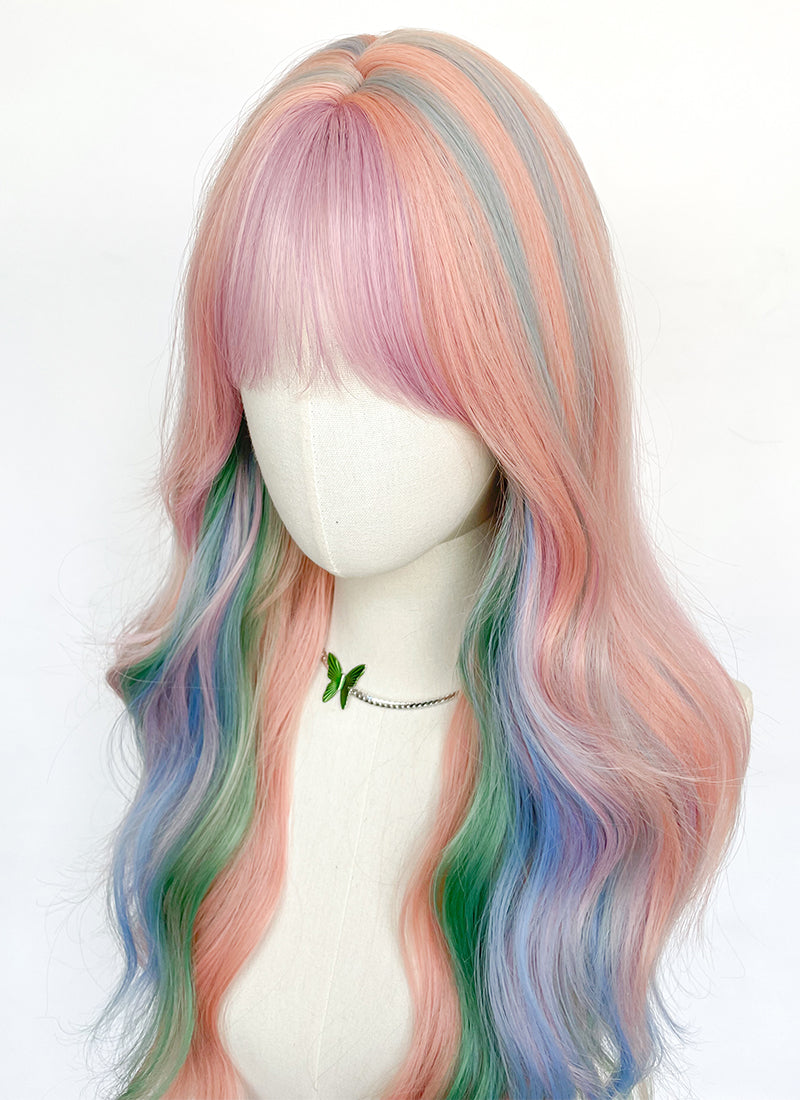 My Little Pony Princess Celestia Long Wavy Pink Rainbow Color Cosplay Wig NS550