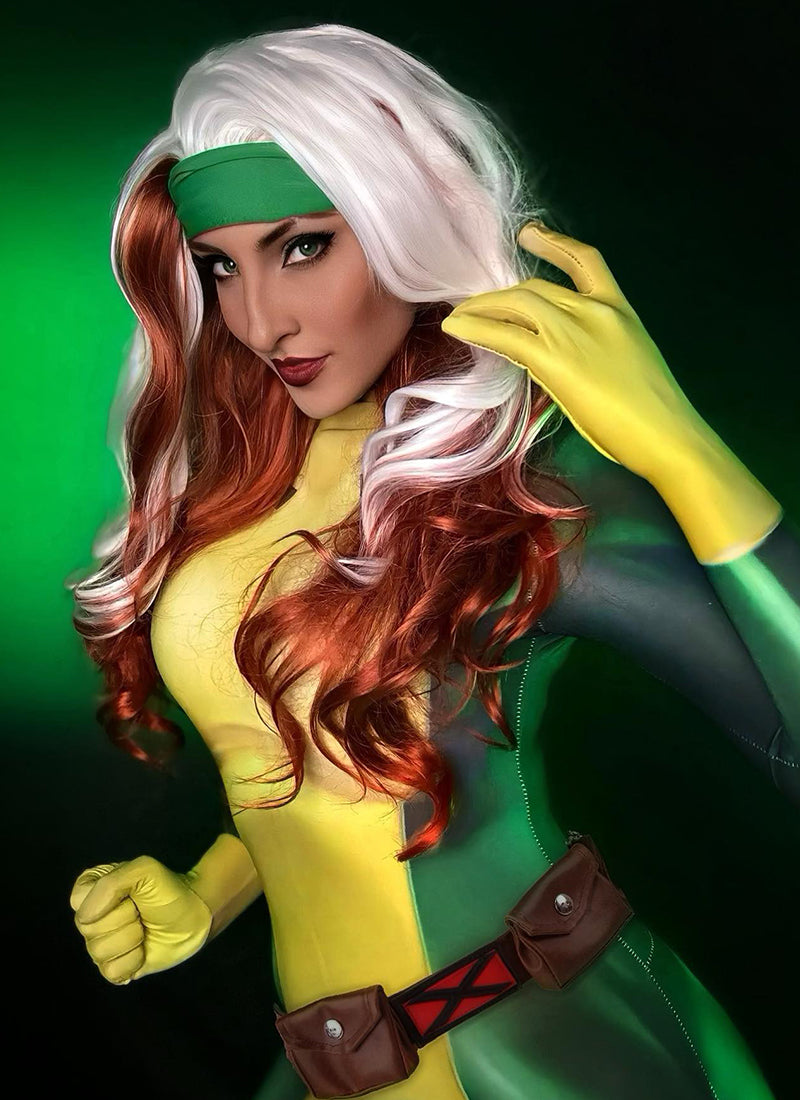 Marvel X Men Rogue Long Wavy White Auburn Mixed Lace Front Synthetic Hair Wig LF1703