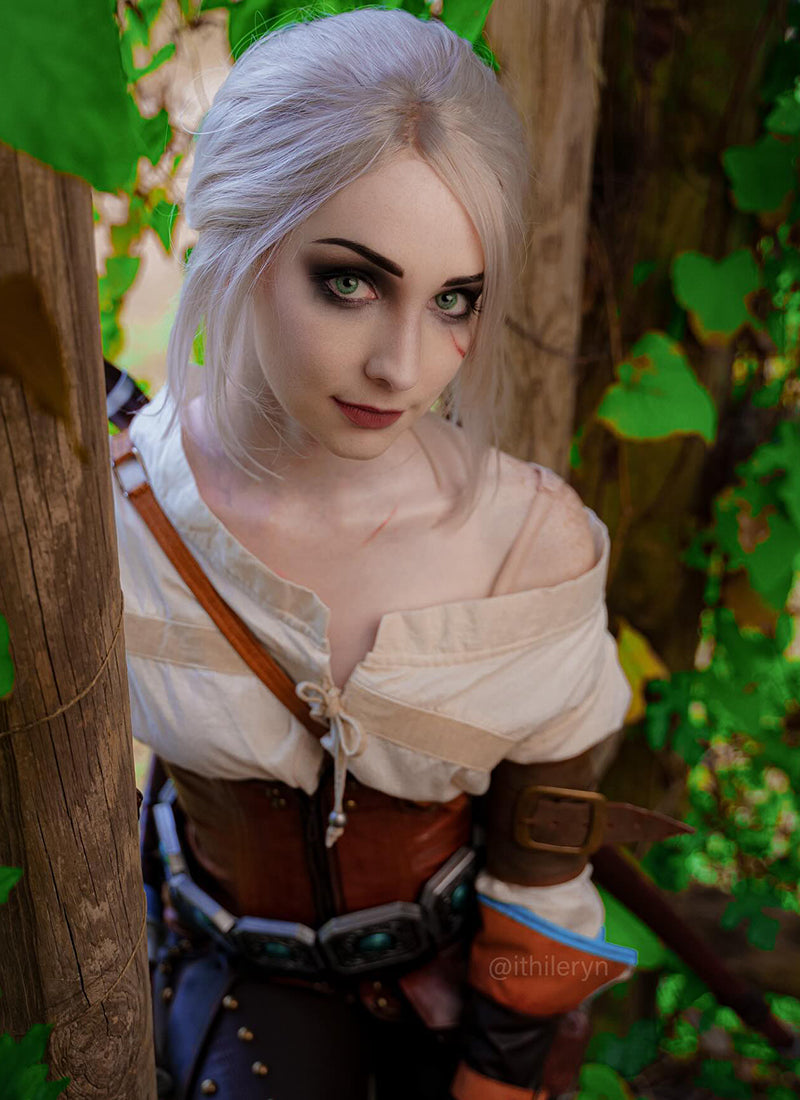 The Witcher III Ciri Medium Straight Bob Pastel Grey Blonde Lace Front Synthetic Hair Wig LF509