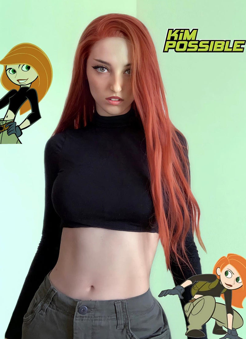 Disney Kim Possible Long Straight Yaki Reddish Orange Lace Front Synthetic Hair Wig LF624