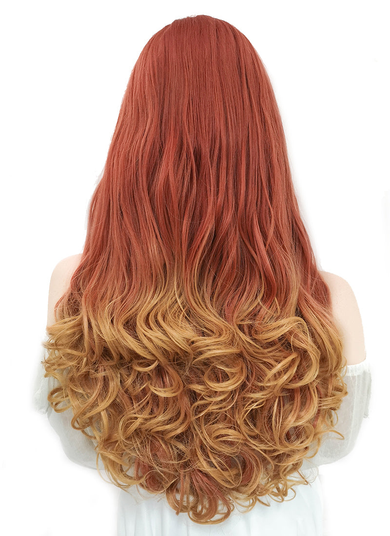 Long Wavy Reddish Orange Mixed Yellow Blonde Lace Front Synthetic Hair Wig LF085H