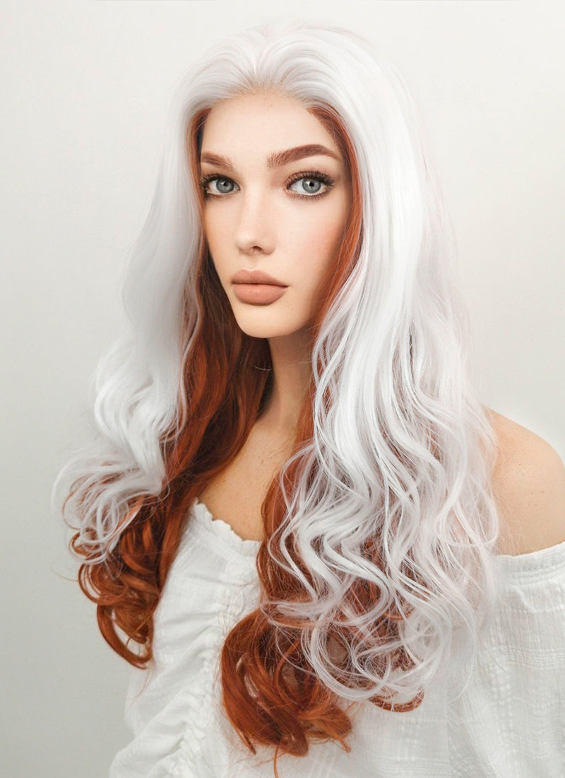 Marvel X Men Rogue Long Wavy White Auburn Mixed Lace Front Synthetic Hair Wig LF1703