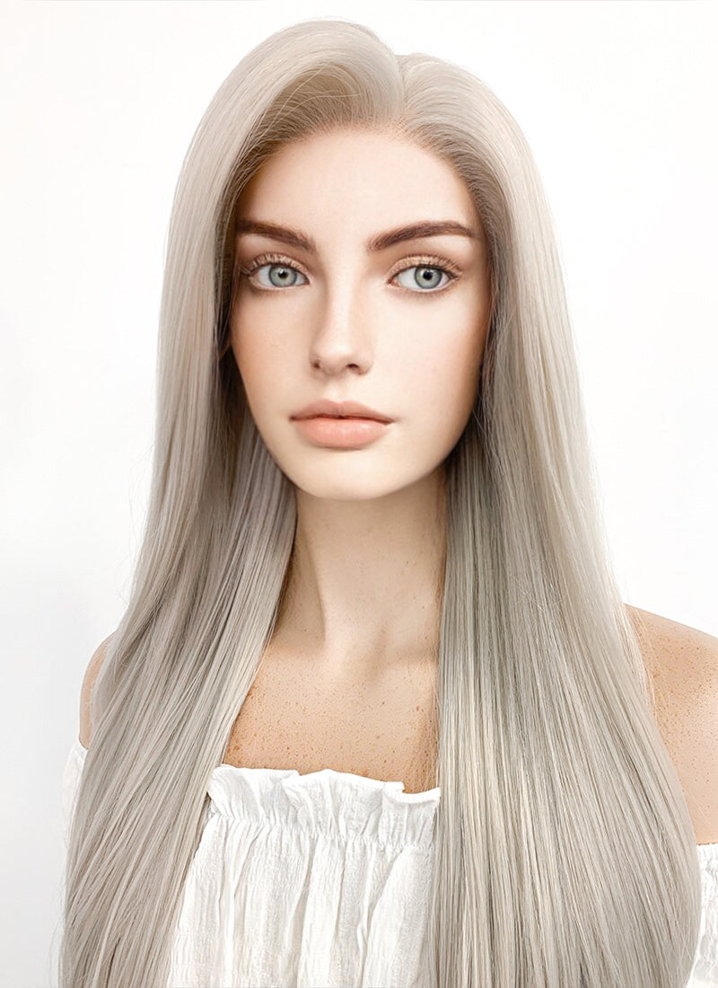 Long Straight Blondish Grey Lace Front Synthetic Hair Wig LF238