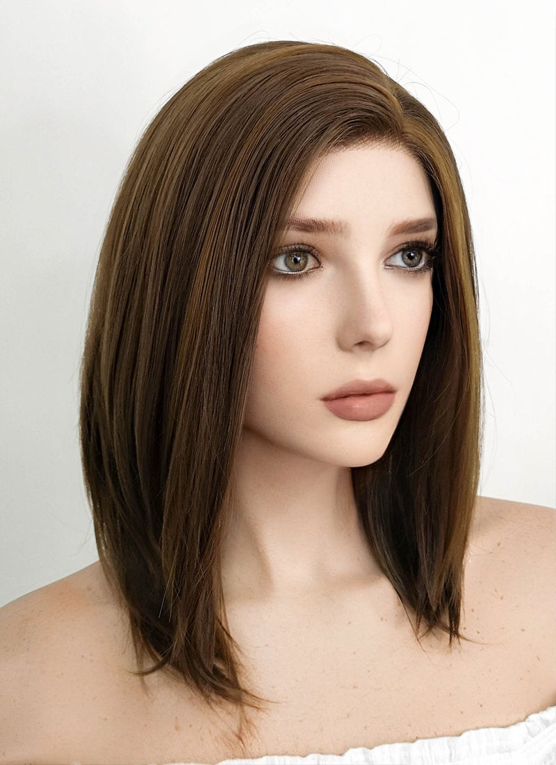 Medium Straight Dark Brown Mixed Chestnut Brown Lace Front Synthetic Hair Wig LF268