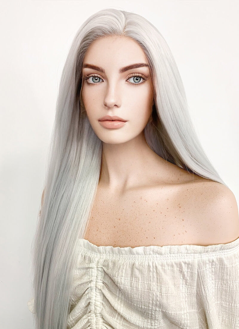 Long Straight Yaki Silver Grey Lace Front Synthetic Hair Wig LF624N