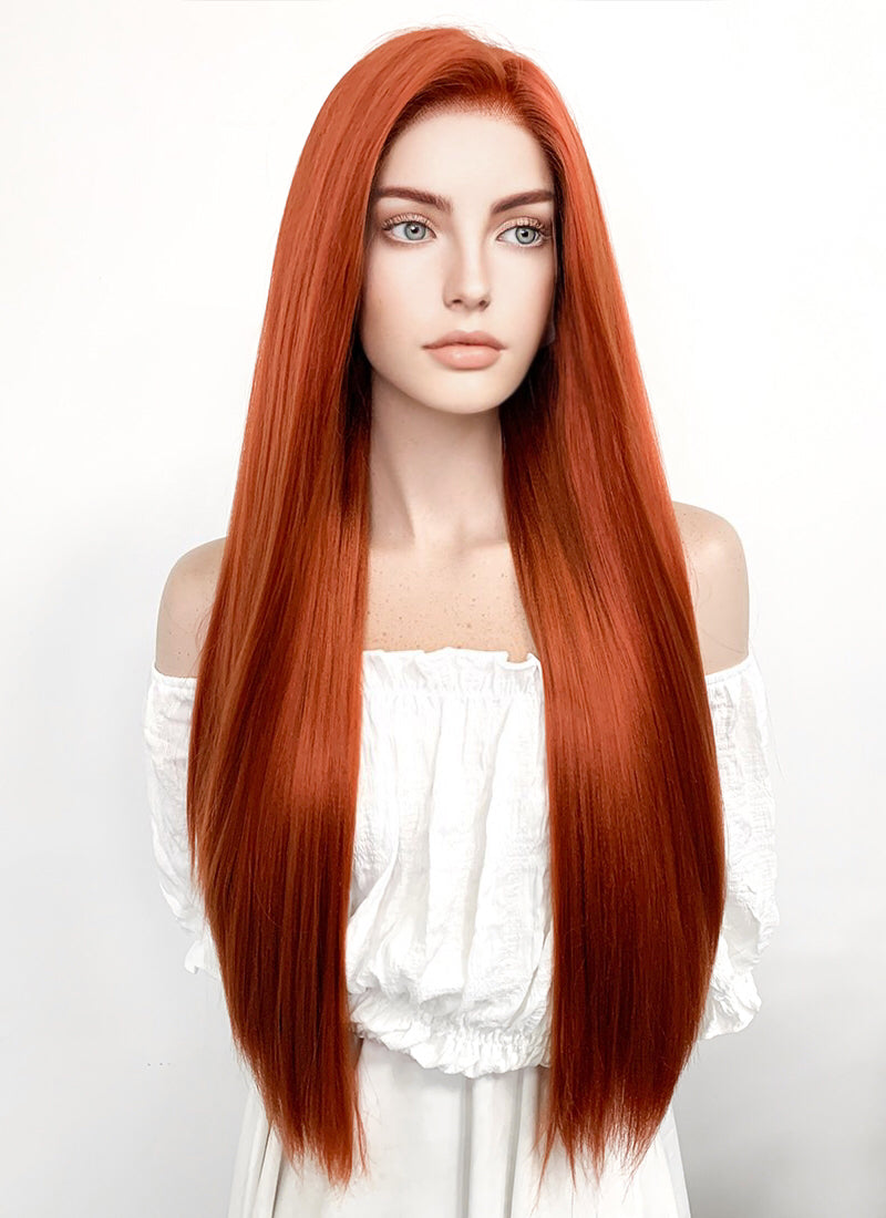 Long Straight Yaki Reddish Orange Lace Front Synthetic Hair Wig