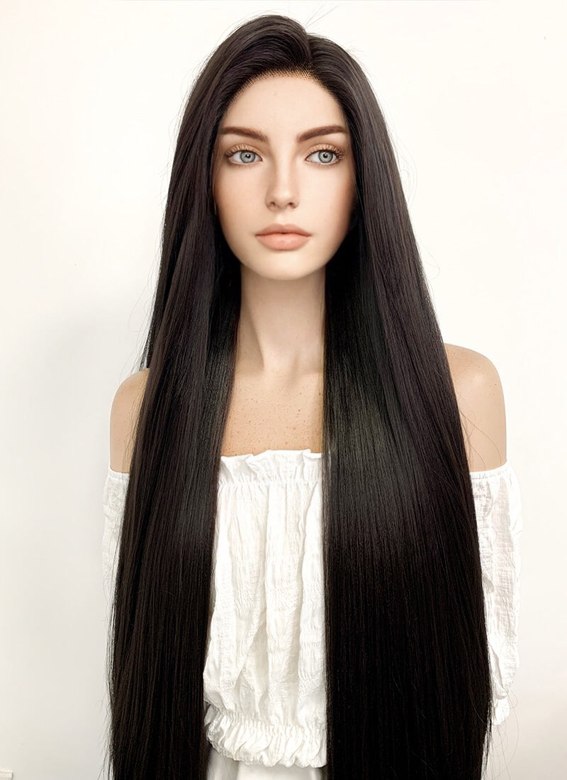 Long Straight Yaki Natural Black Lace Front Synthetic Hair Wig