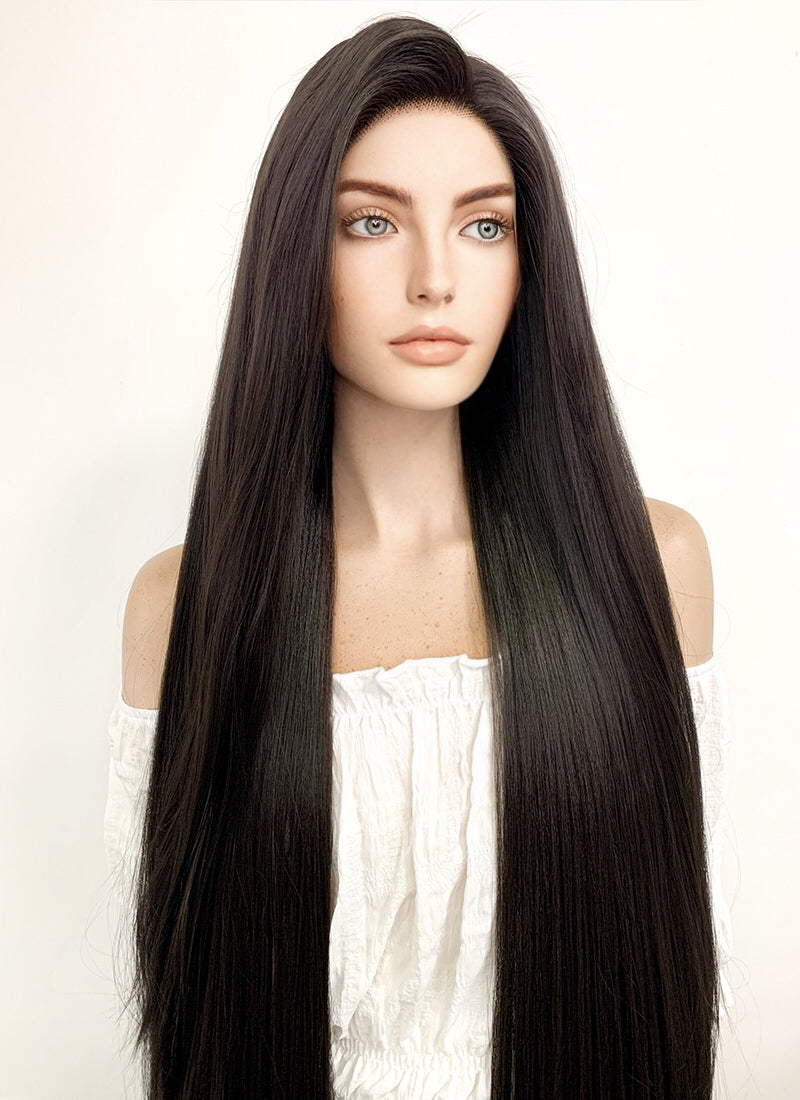 Long Straight Yaki Natural Black Lace Front Synthetic Hair Wig