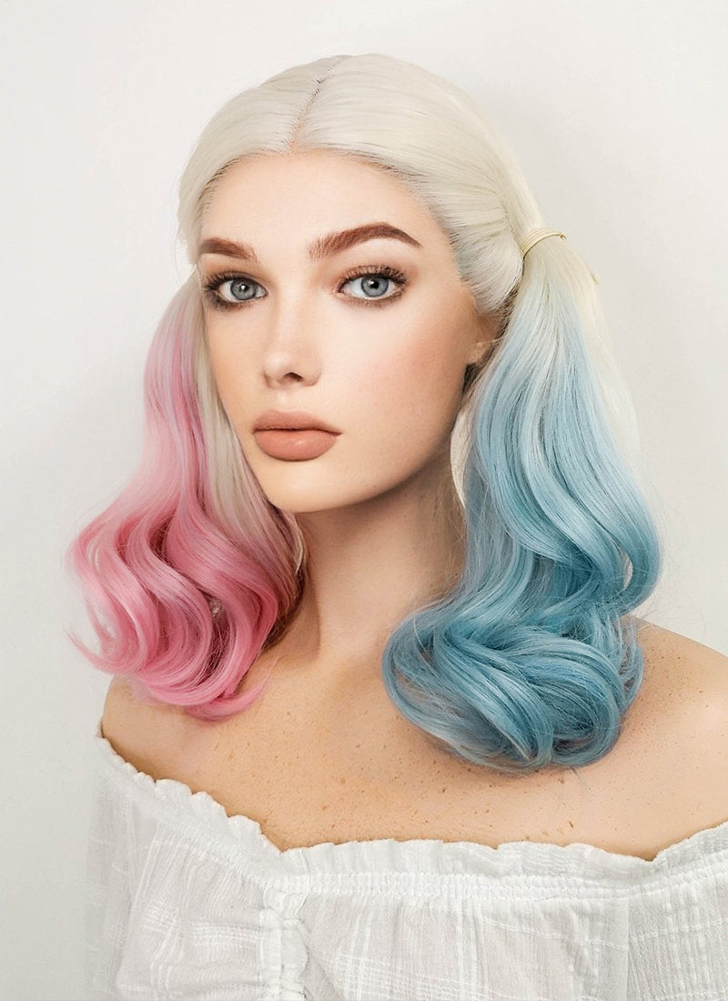 Suicide Squad Harley Quinn Medium Blonde Pink Blue Lace Front Synthetic Hair Wig LF853E