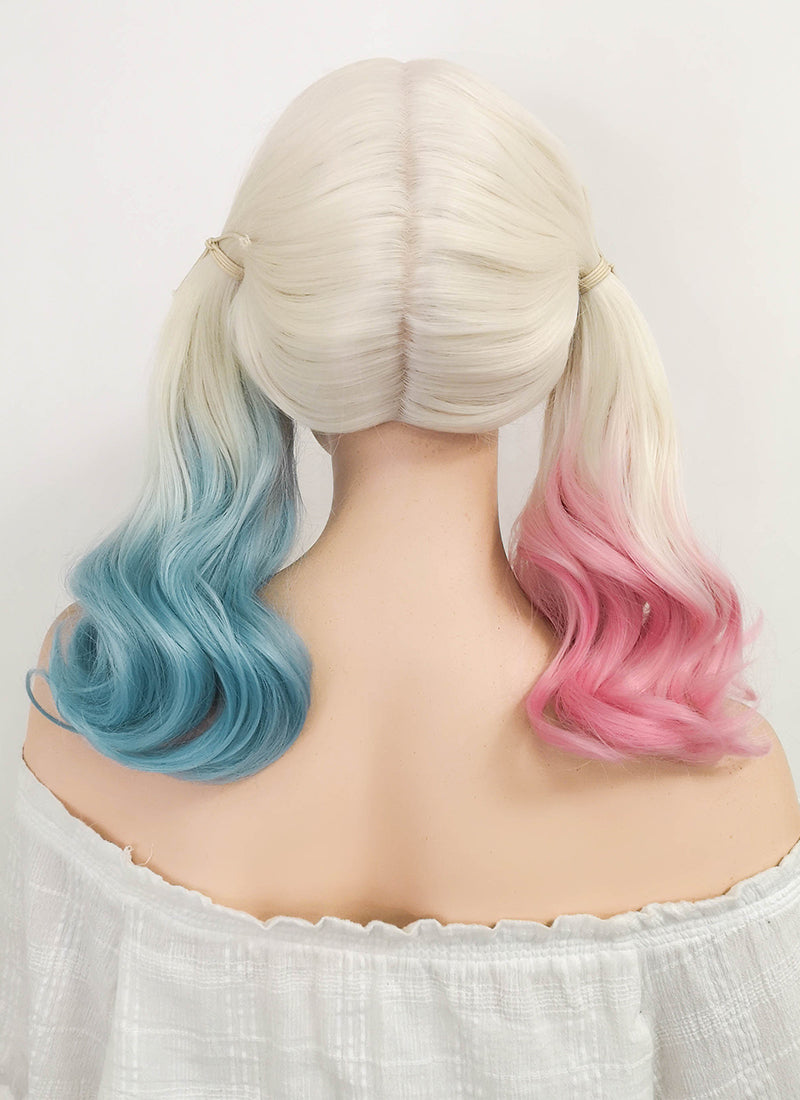 Suicide Squad Harley Quinn Medium Blonde Pink Blue Lace Front Synthetic Hair Wig LF853E