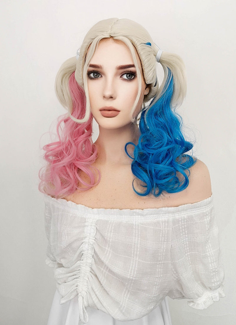 Suicide Squad Harley Quinn Long Blonde Pink Blue Cosplay Wig