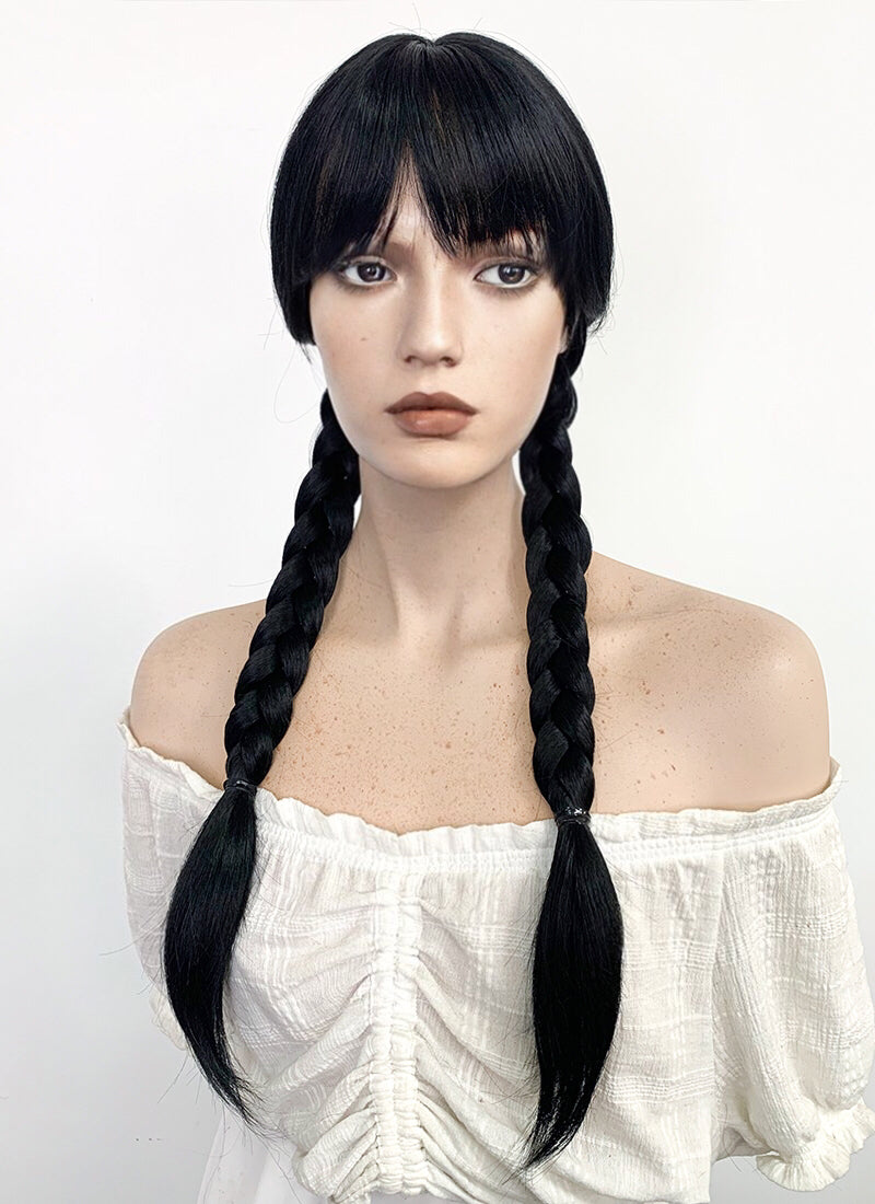 Wednesday Addams Long Straight Jet Black Braided Cosplay Wig TBZ871A